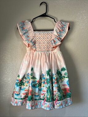 Monsoon Pink Embroidered Ruffle Sleeve Girls Dress Blue Orange Accents Sz 5-6